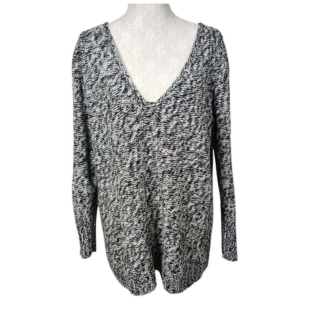 Lane Bryant 18/20 Marled V-Neck Long Sleeve Cotton Knit Sweater Gray Black